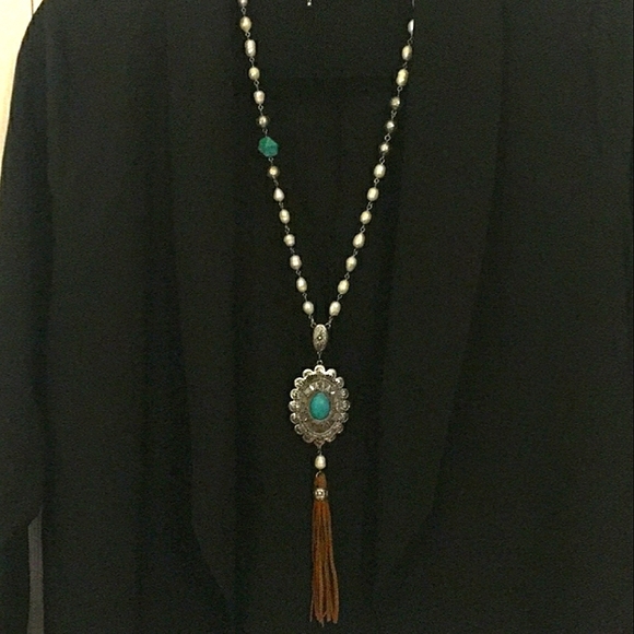 Shyanne Genuine Baroque Pearl Western Silver and Turquoise Necklace - Picture 2 of 7